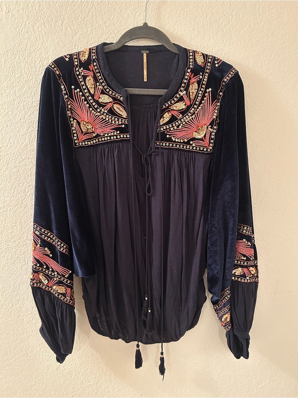 Free People Navy Velvet Embroidered Peasant Tunic with Pink & Gold Accents